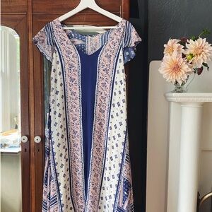 Anthropologie Navy and Pink Floral Midi Dress